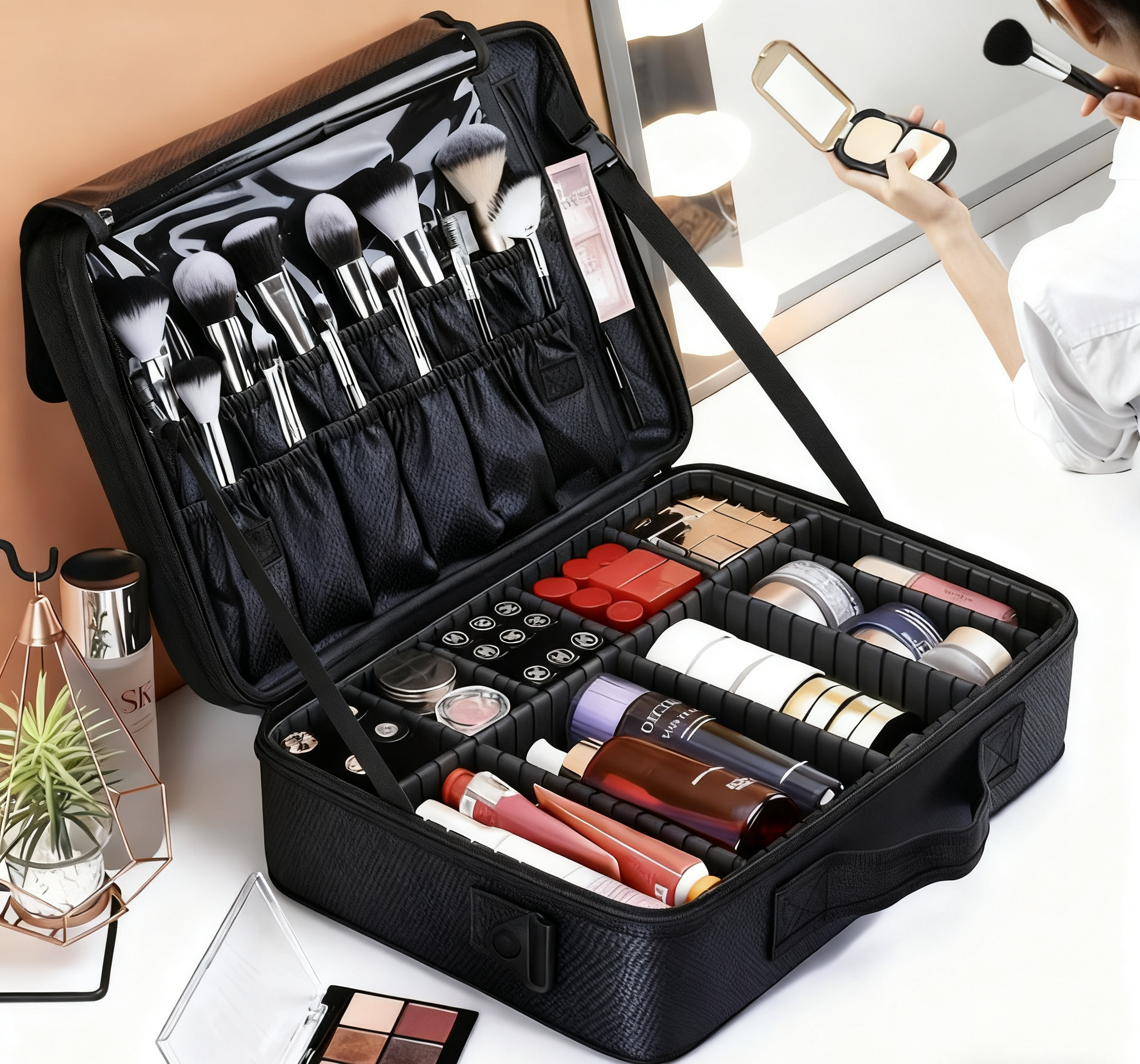 BeautéSync® Cosmetic Bag multifunctional beauty tool storage bag front view, available in small, medium, and large sizes